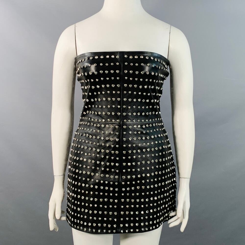RETROFETE Size L Black Silver Leather Strapless Crystal Studded Mini Dress